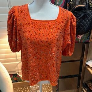 Queen of sparkles orange embellished puff sleeve top